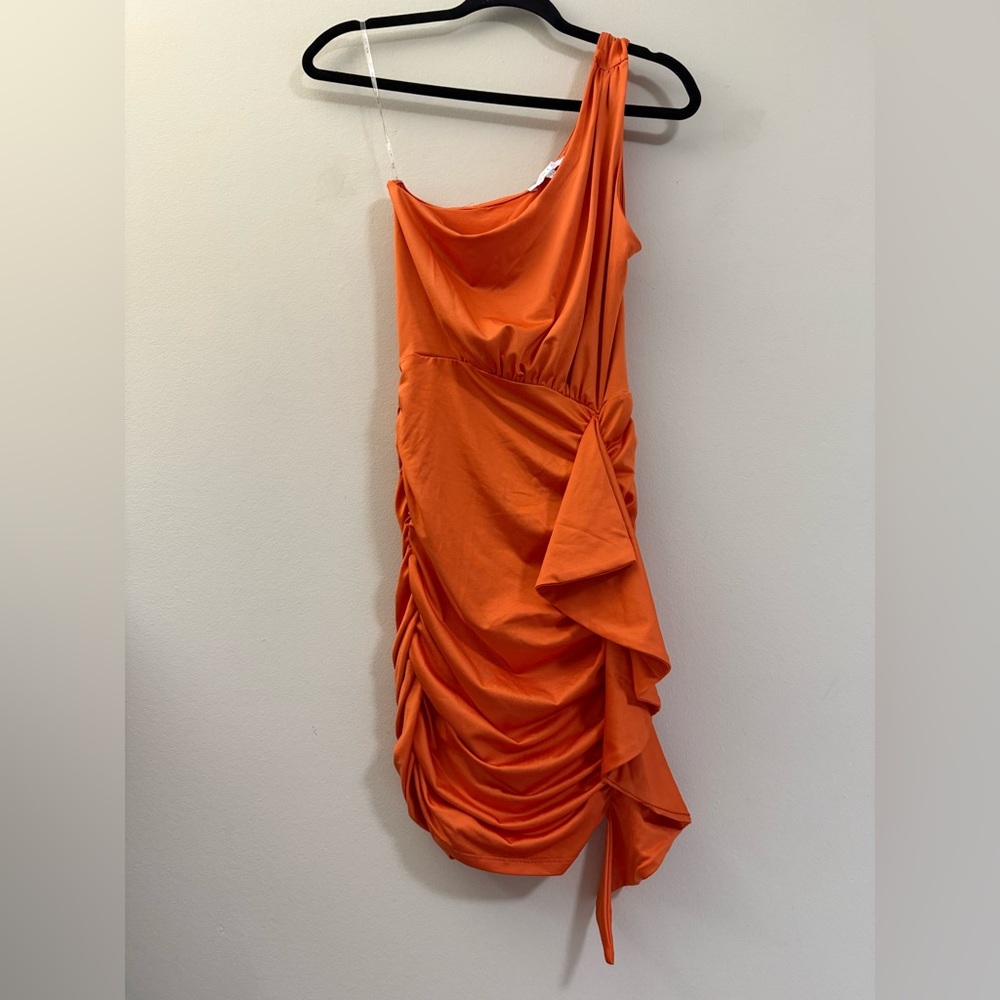 Iris Orange Asymmetrical Ruffle Bodycon One Shoulder Dress - S